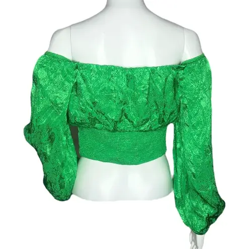 AFRM Shirt Womens Small Fem Green Jonas Top Satin Crop Off Shoulder Going Out