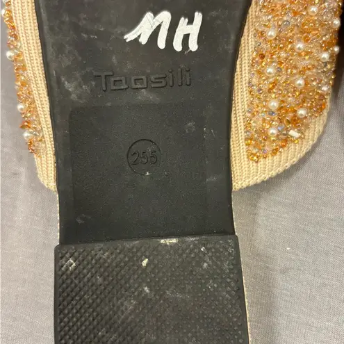 Toosili Footwear Women's Glittering Gold Bow Mules 8.5 pearls beads sparkle