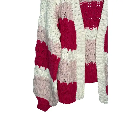 Dreamers by Debut Cardigan Sweater Pink White Striped Chunky Knit Open Size XL