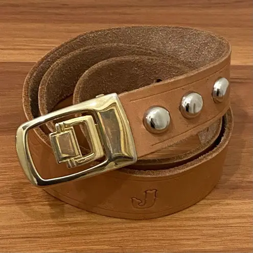 JP Long Horn Studded Brown Leather Gold Buckle Belt Waist 28”