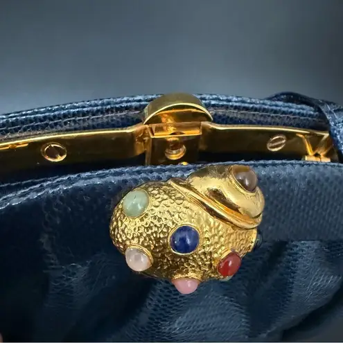 Vintage Navy Lizard Leather Goldtone Shell Gripoix Bead Clasp Evening Clutch Bag Blue