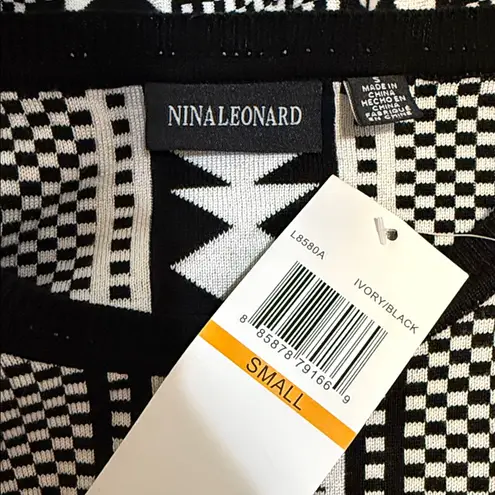Nina Leonard Black and White Geometric Print Fit & Flare Sweater Dress NWT