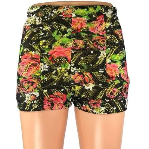 Mystic Women Multicolor Floral Knit Crochet Zip High Waisted Mini Shorts Size S