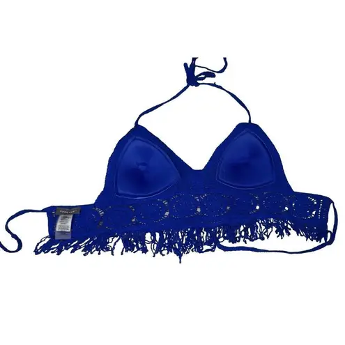 Sans Souci 2/$20 Blue Crochet Boho Hippie Cropped Fringe Halter Top sz Small