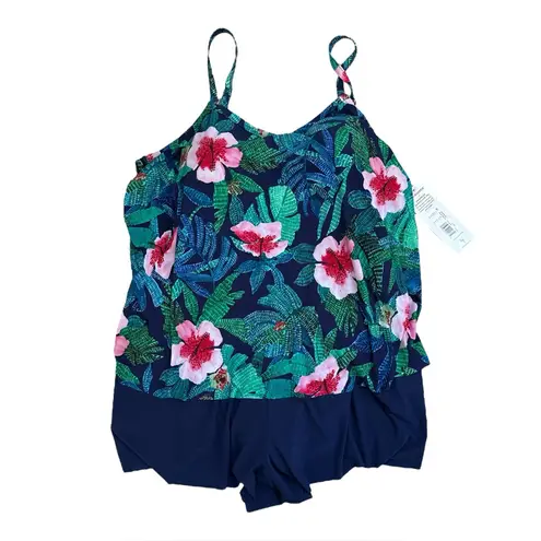 NWT TrimShaper Farrah Scoopneck Swim Romper Swimsuit | Jungle Oasis Print | 20W