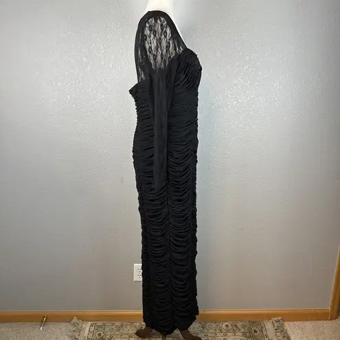 Vicky Tiel Womens Long Sheer Lace Sleeve Ruched Column Gown XL Long Dress Black