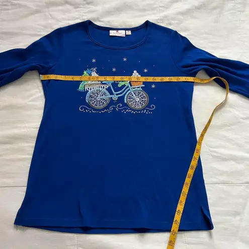 Blue Quacker Factory blue 3/4 length sleeve tee wintery bicycle design Size XS