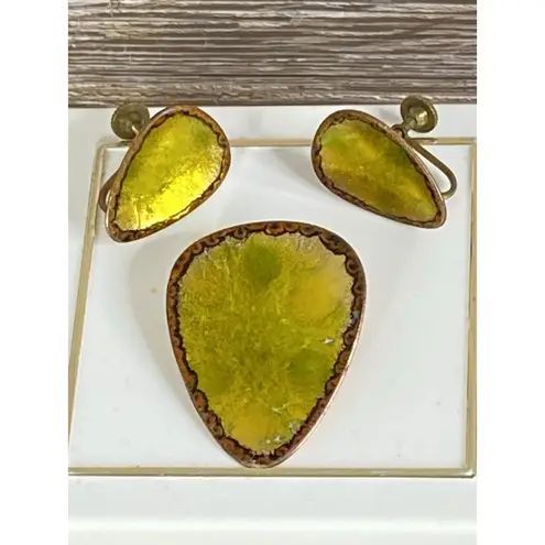 Vintage RARE Hogan Bolas Matching Copper Yellow Enamel Brooch And Earring Set