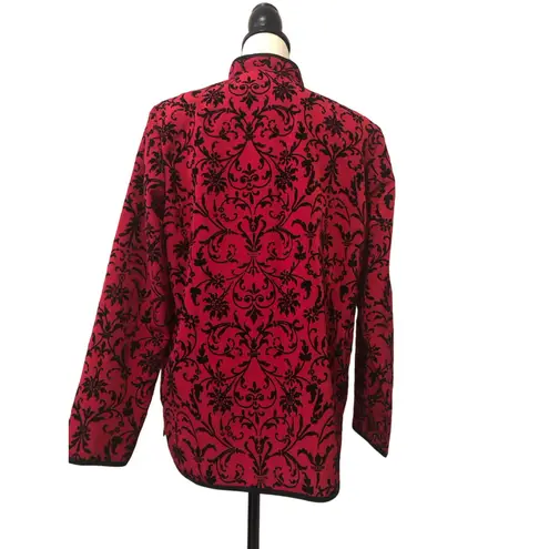 Susan Graver Jacket Size S Red Black Flocked Velvet Mandarin Collar Vintage