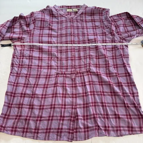 LL Bean Pink Plaid Flannel Pleated Button Up Long Sleeve Top Size XL