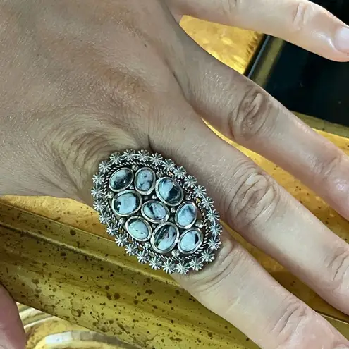 Natural White Buffalo Sterling Silver Cocktail Ring Size 8