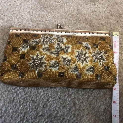 Vintage Micro Beading Petit Point Floral Purse Handbag Clutch Gold