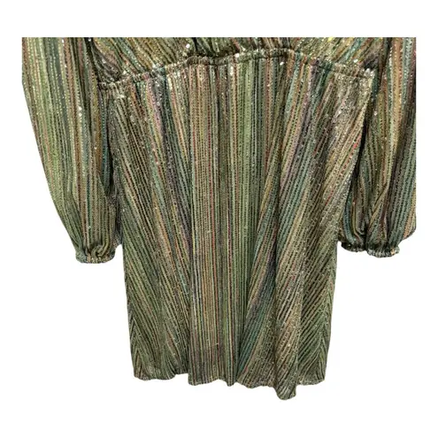 Sequin Cross Over Front Dress Green Striped Snap Closure Medium Holiday Party