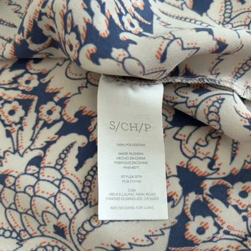 CAbi  Women's Cream Blue Damask Flutter Short Sleeve Blouse Small‎ #3074