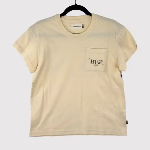 NWT Honor The Gift Women Shirt Beige Crewneck Graphic Short Sleeve Pocket Tee XS Tan