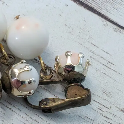 Vintage Clip On Earrings Ball Duo Dangle Off White with Pink Hues