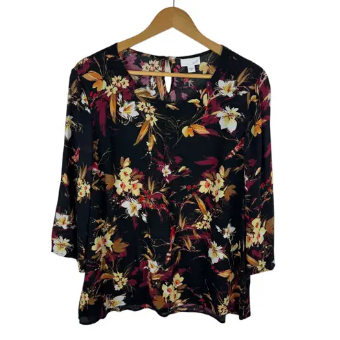 J Jill Floral Bird Cardinal Blouse Medium Artsy Rayon Lightweight Boho Flowy Black