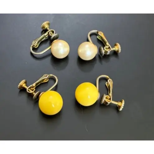 2 Vtg Clip On Screw Back Earrings Set Yellow & Faux Pearl Ball Design