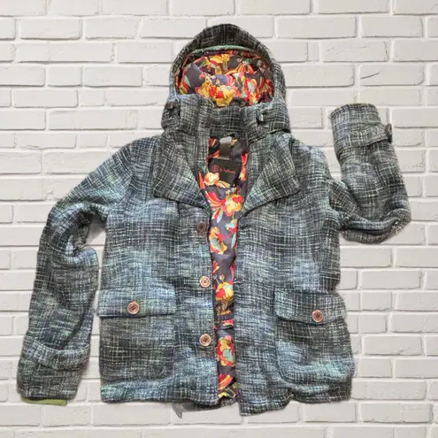 B by Burton Wool Blend Tweed Large – Hooded, Floral Lining, Warm Snowboard Coat Gray