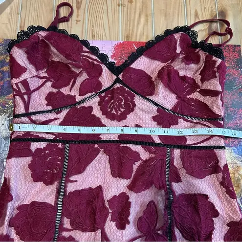 Lulus Alluring Dream Burgundy Floral Mesh Lace Trumpet Midi Dress – Size Medium Red