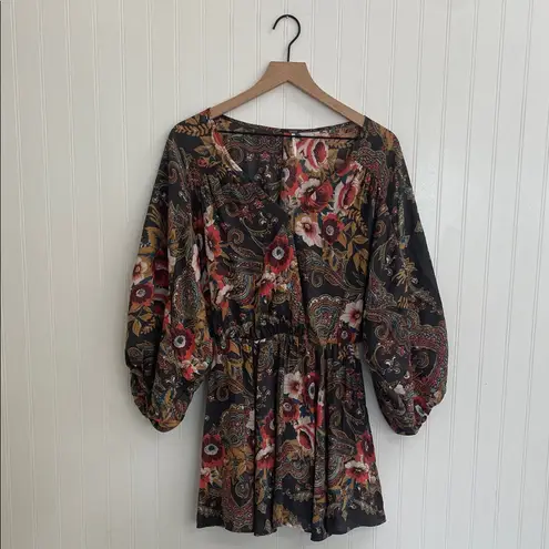 Free People  High Plains Boho Mini Dress Black Paisley Floral Cottagecore Size XS