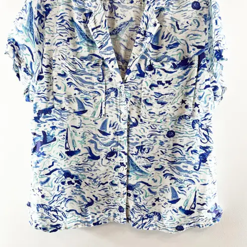 Maeve Anthropologie Short Sleeve Linen Blend Surf Shirt Blue XL