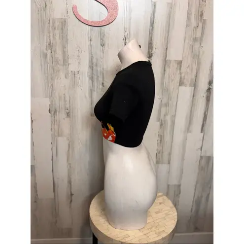 Butterfly Flame Graphic Crop Top Black Stretch Tee Size XS