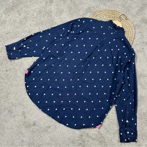 Kerri Rosenthal Women’s Mia Ruffle Button Down Shirt Tiny Heart Print in Navy XL Blue