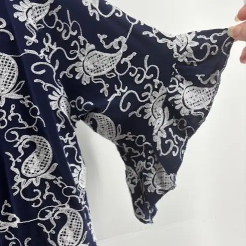 Forgotten Grace Navy White Paisley Trumpet Sleeve Embroidered Tunic Career 1X