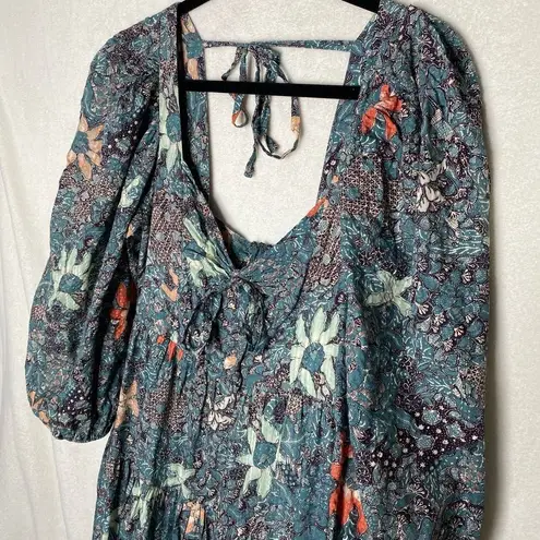 Ulla Johnson  Kemala Floral Poplin Midi Dress Malachite Prairie Size 6 Blue Green