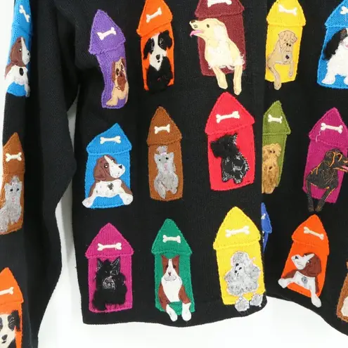 Design Options Philip & Jane Gordon Dogs in Dog Houses Black Cardigan Sweater M Size M