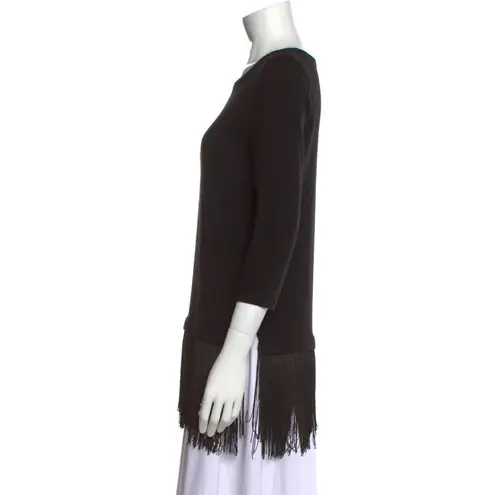 Neiman Marcus Black Cashmere 3/4 Sleeve Fringe Tunic Sweater