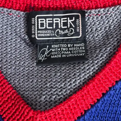 Vintage Berek 80s Hand Knit Christmas Vest Santa Tree Scene Pima Cotton Festive Blue Size L