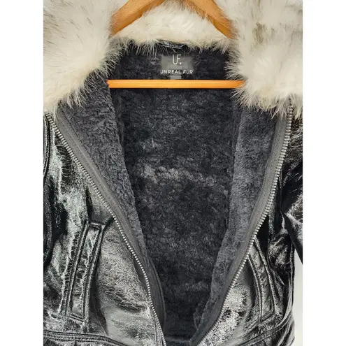Unreal Fur Wet Look Aviator Jacket in Black XS