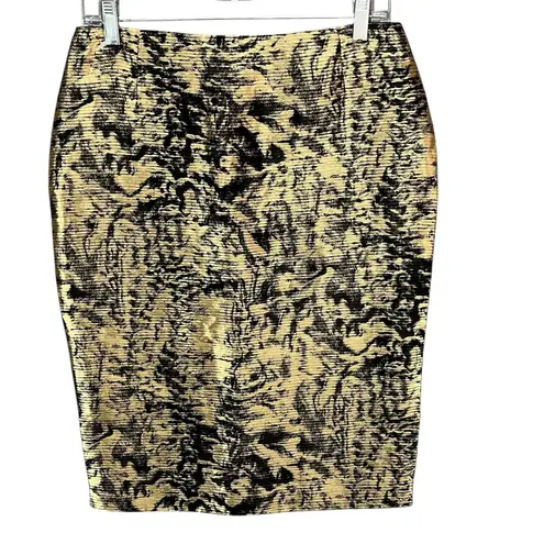Escada Pencil Skirt US 4 Black Gold Linen Silk Blend Brocade Abstract Glamour