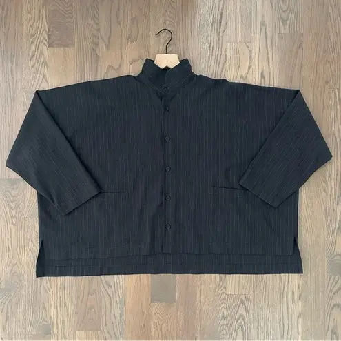 Eskandar Pinstripe Stand Collar Boxy Button Front Wool Cashmere Top Grey 1 / Med White