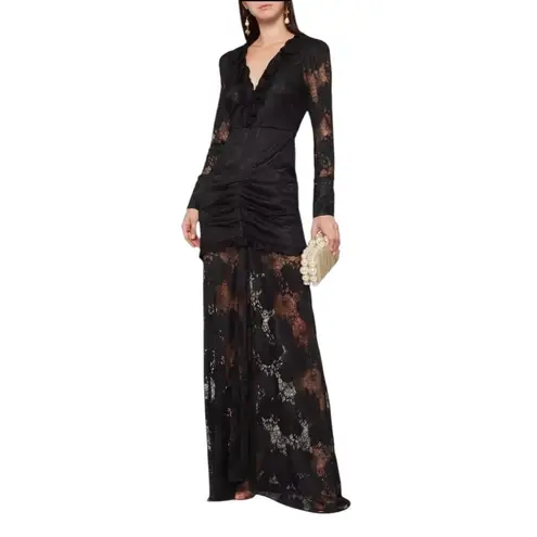 Alexis Lucasta Gown Women's 10 Black Lace Ruched Ruffle Trim Maxi Evening Formal