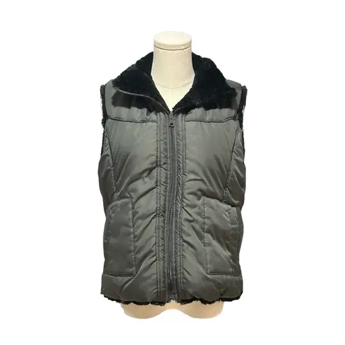 KC Collections Women Jacket Vest Black Reversable Sleeveless Faux Fur Sz Large