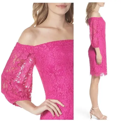 Trina Turk  Pink Lace Cocktail Dress Off The Shoulder Sheath Fuchsia Size 2 New