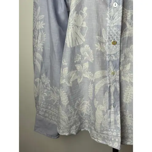 Calypso St. Barth Shirt Women Large Blue Cotton Floral Button Down Boho Preppy