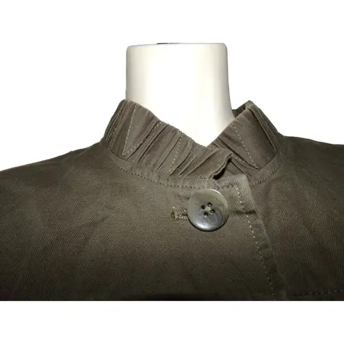 Coldwater Creek Classic army green linen/cotton blouse/jacket 10 Ruffled neck