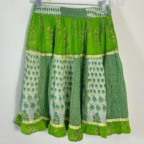 Vintage 90s Indian Cotton Bohemian Tiered Patchwork Skirt Medium Floral Metallic Green