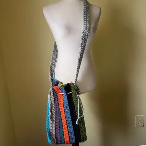 Handmade Colorful Crochet Bucket Bag Rainbow Striped Crossbody Hobo Festival NWT Green