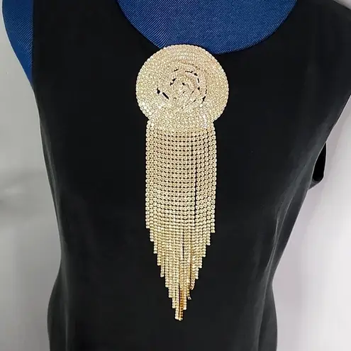 Large Statement Rose Flower Brooch Pin Yellow Gold Rhinestone Fringe New