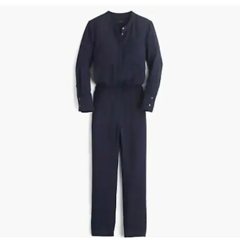 J Crew Women Navy Drapery Oxford Jumpsuit Long Sleeve Elastic Waist SZ 2 Blue