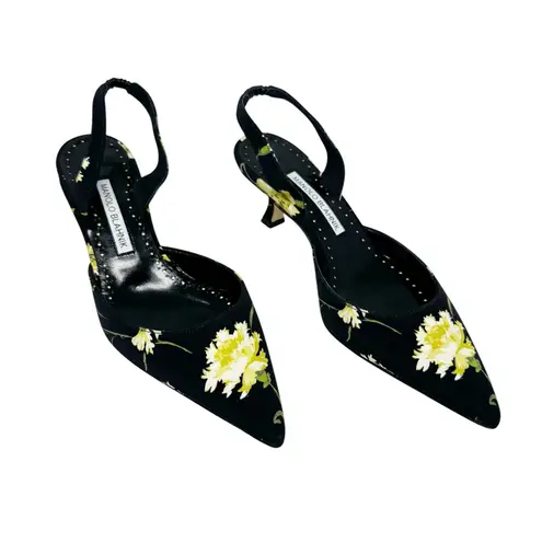 Manolo Blahnik Carolyne 50 Floral Slingback Pumps Black Yellow EU 36.5