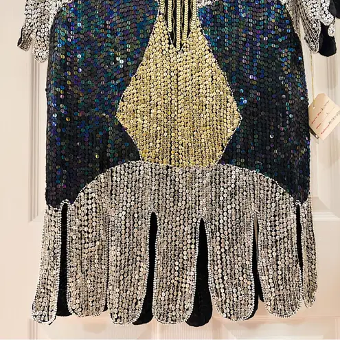 Vintage Sequin 70s Disco Midi Dress 100% Silk Iridescent Black Gold Silver L Size L