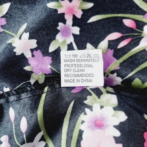 Silky Satin Robe Floral Pattern Kimono Short Black Size Small