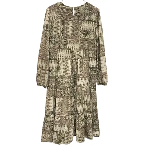 CAL STYLE Womens XXL Midi Dress Beige Brown Floral Patchwork Boho Hippie Artsy Tan
