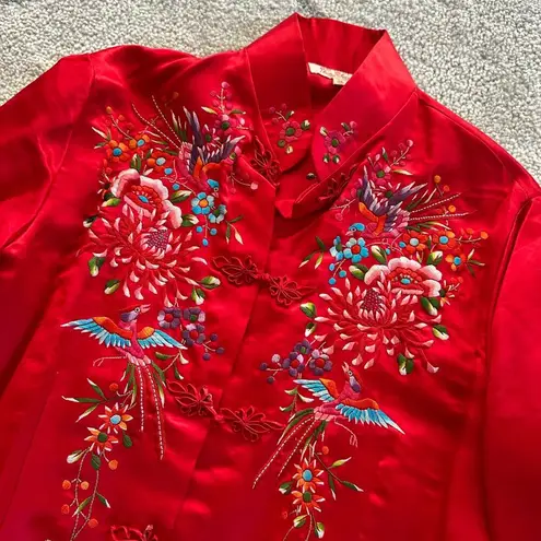 Vintage Red Satin Floral Bird Design Embroidered Chinese New Year Jacker Mandari